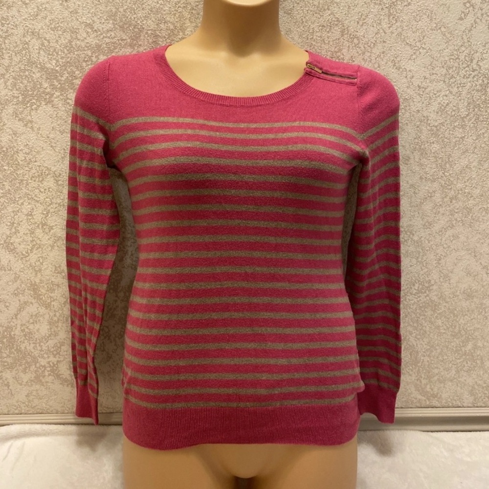 Banana Republic Dragonfruit and Gray Beige Striped Crew Neck Sweater